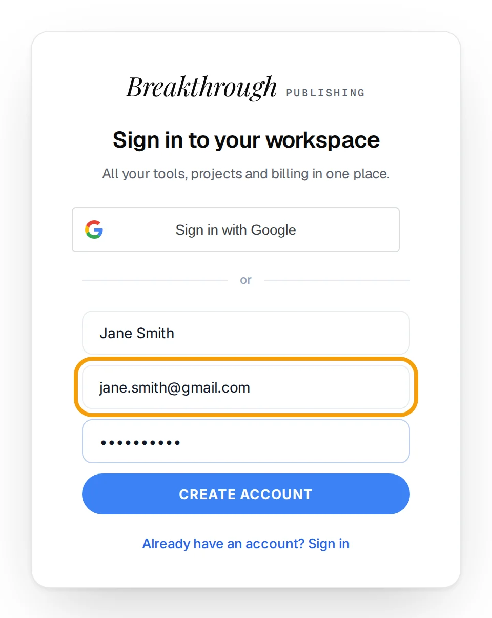 The Breakthrough sign-up form with the Name, Email and Password boxes filled in and the Email box highlighted
